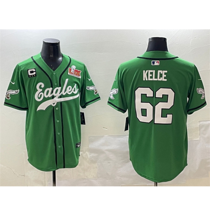 Men's Philadelphia Eagles #62 Jason Kelce Green 2025 Super Bowl LIX And 3-Star C Stitched Baseball Jersey