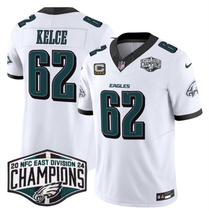 Men's Philadelphia Eagles #62 Jason Kelce White 2024 New NFC East Champions With 4-Star C F.U.S.E. Vapor Untouchable Limited Stitched Football Jersey