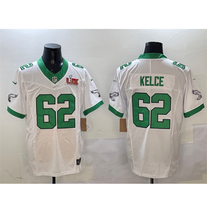 Men's Philadelphia Eagles #62 Jason Kelce White 2025 Super Bowl LIX F.U.S.E. Vapor Untouchable Limited Stitched Football Jersey