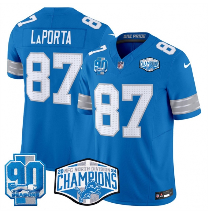 Men's Detroit Lions #87 Sam LaPorta Blue 2024 NFC North Champions 90th Anniversary F.U.S.E. Vapor Limited Stitched Jersey