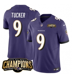 Men's Baltimore Ravens #9 Justin Tucker Purple 2023 F.U.S.E. AFC North Champions Vapor Limited Football Stitched Jersey Men's Baltimore Ravens #9 Justin Tucker Purple 2023 F.U.S.E. AFC North Champions Vapor Limited Football Stitched Jersey