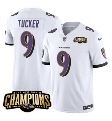 Men's Baltimore Ravens #9 Justin Tucker White 2023 F.U.S.E. AFC North Champions Vapor Limited Football Stitched Jersey Men's Baltimore Ravens #9 Justin Tucker White 2023 F.U.S.E. AFC North Champions Vapor Limited Football Stitched Jersey